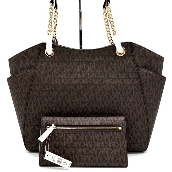 Michael Kors Large Jet Set Travel Chain Shoulder Bag & Trifold Wallet Brown - Picture 5 of 14